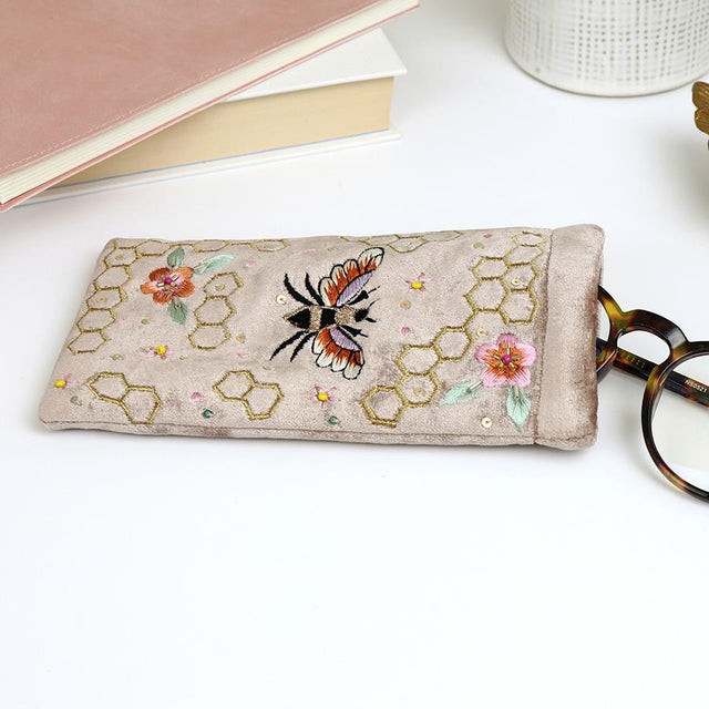 Bee and Honeycomb Embroidered Velvet Glasses Case