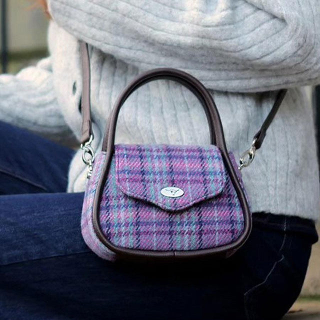 Harris Tweed Buchan Round Mini Handbag in Purple & Mint Check