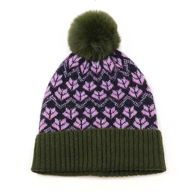 Lilac & Khaki Mix Flower Hat With Faux Fur Pompom