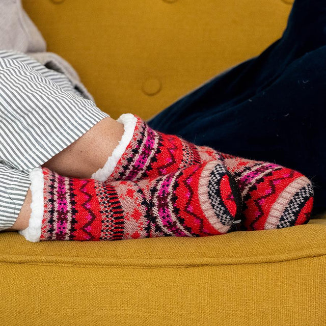 Wine Red and Pink Cosy Lined Bootie Slippers - Size 6-7