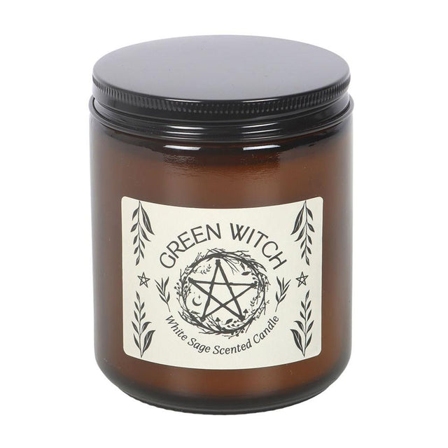 Green Witch White Sage Amber Glass Candle Close Up