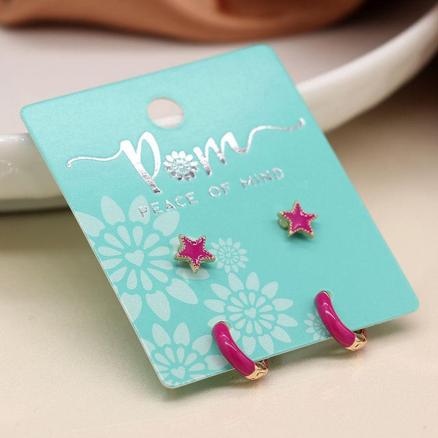 Pom Boutique Pink Enamel Star and Hoop Earring Set on Card