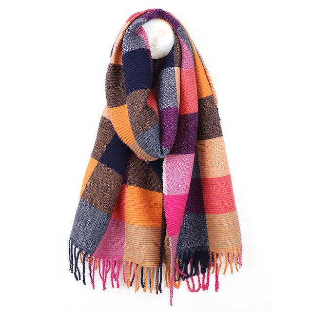 Orange, Pink and Purple Mix Crinkle Tassel Fringe Check Scarf