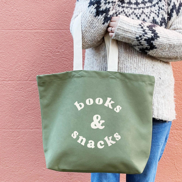 Books & Snacks Olive Green Canvas Tote Bag on Model