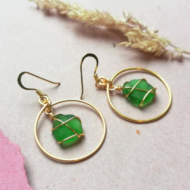 Bright Green Sea Glass Gold Hoop Earrings