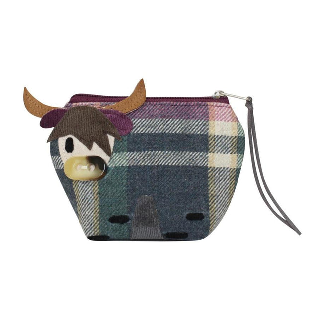 Green, Blue and Purple Tartan Highland Cow Tweed Purse