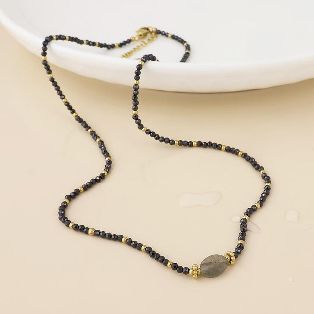 Gold and Black Beaded Necklace Close Up