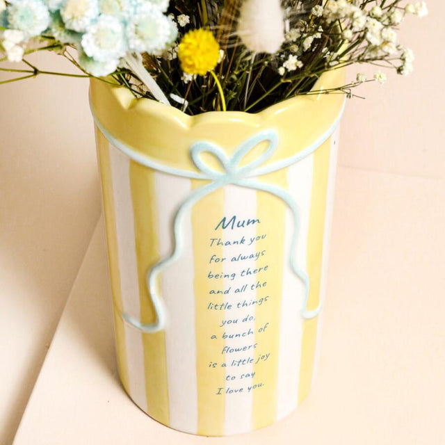Yellow Stripes Scallop Edge Bow Mum Vase