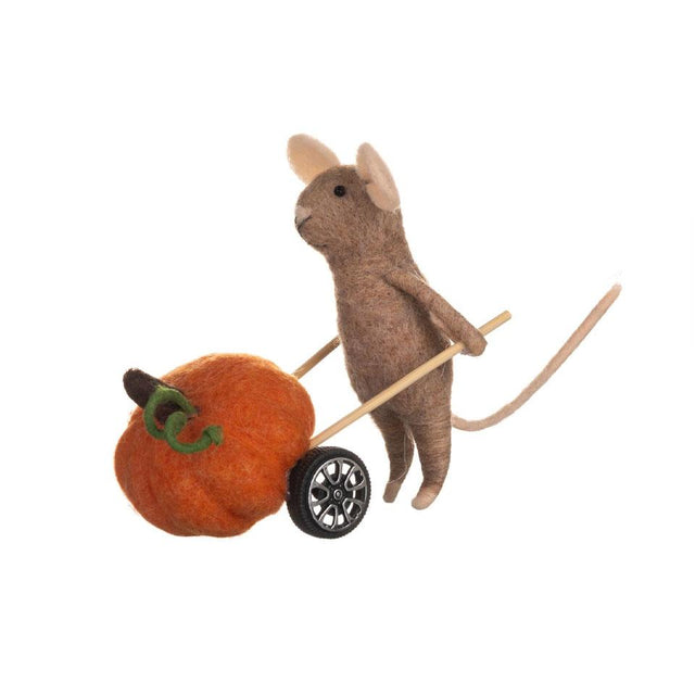 Mouse with Pumpkin Wheelbarrow Felt Decoration