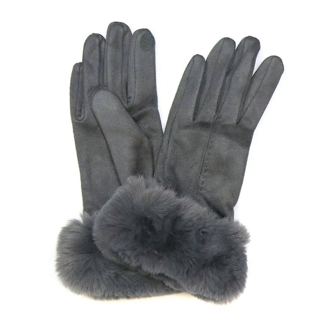 Dark Grey Faux Suede Gloves with Faux Fur Cuff