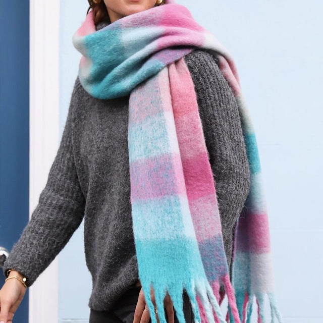 Pink and Auqa Blue Check Winter Scarf