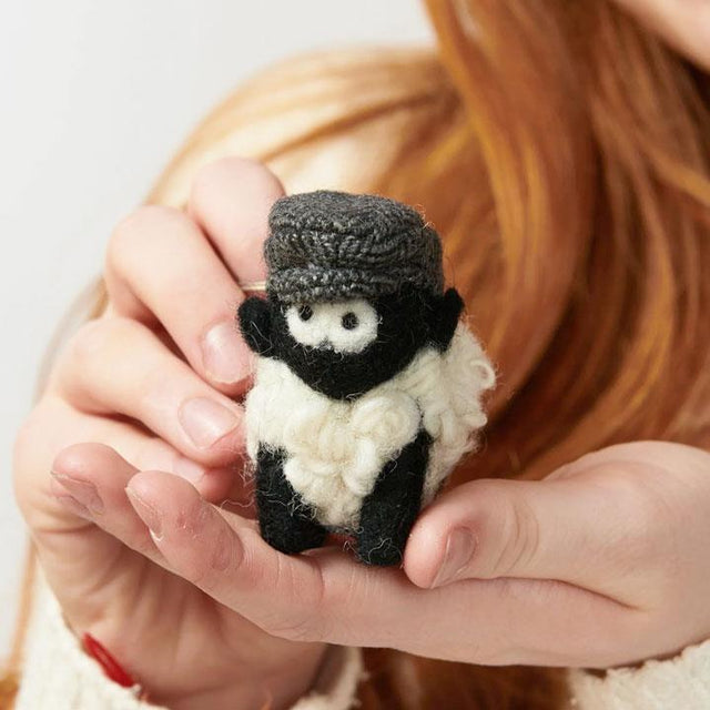Grey Herringbone Tartan Flat Cap Sheep Keyring