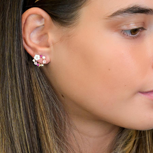 Shell and Pink Floral Wreath Stud Earrings
