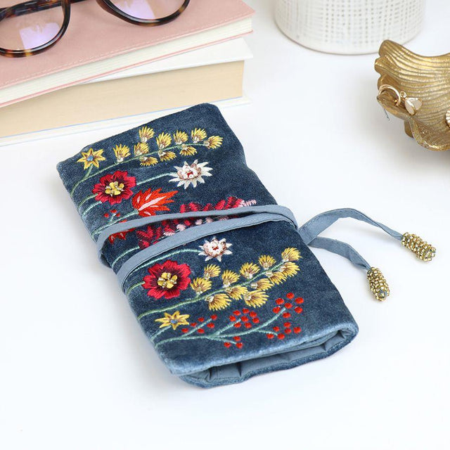 Pom Boutique Dusky Blue Velvet Flower Meadow Embroidered Jewellery Roll