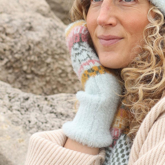 Pale Blue and Mustard Multi Pattern Wrist Warmers