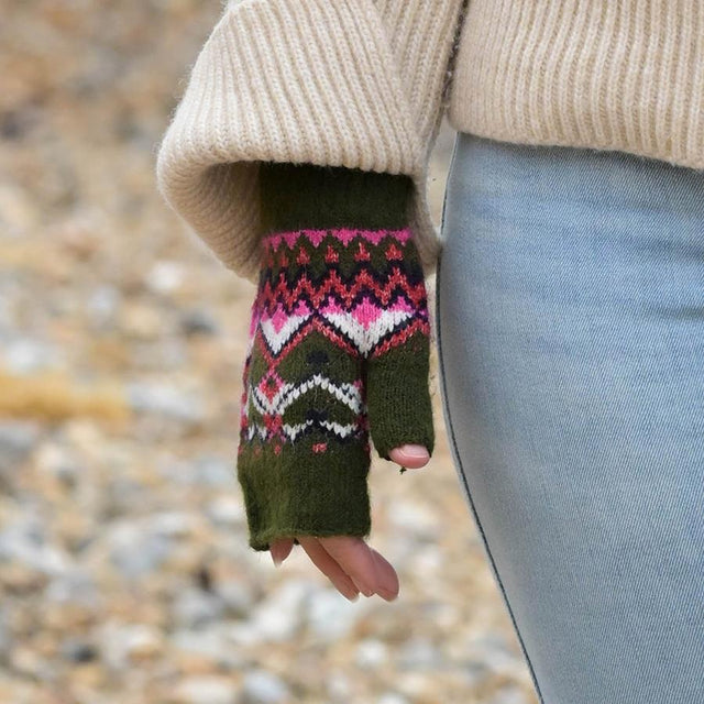 Deep Khaki and Pink Mix Fairisle Border Wristwarmers