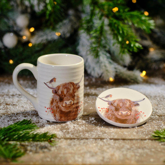 Frosted Highland Cow Ceramic Mug And Coaster Set