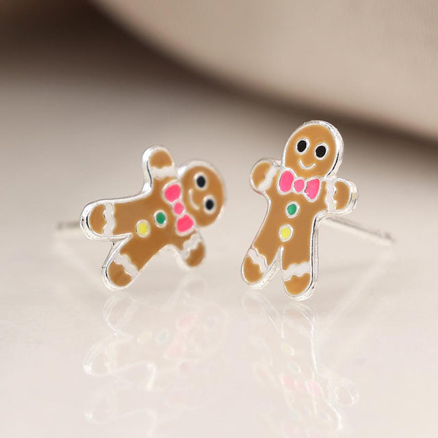 Silver and Enamel Gingerbread Man Mini Stud Earrings