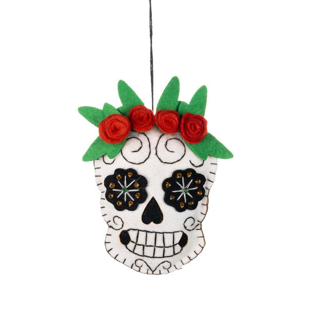 Sholess Joe Embroidered Felt Roses Candy Skull Hanging Decoration