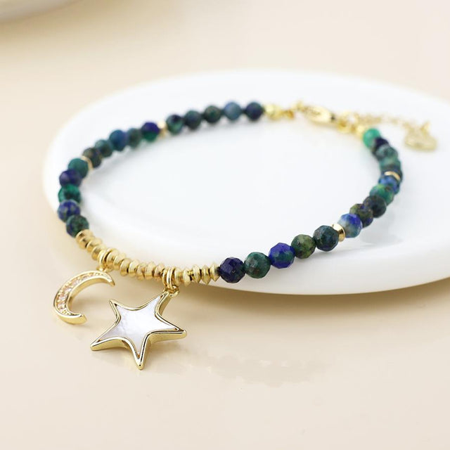 Faux Gold Dark Blue Bead Moon and Star Bracelet