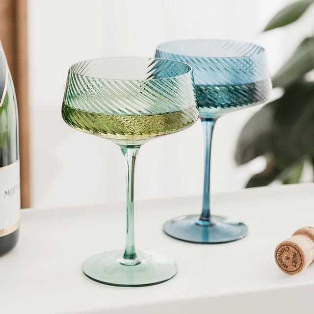 Blue and Green Twist Champagne Coupe Glasses Set
