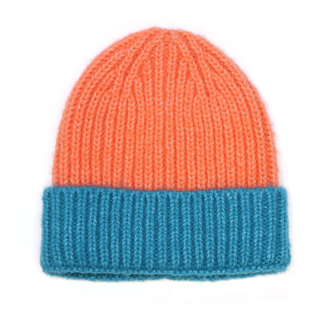 Burnt Orange Colour Block Turn Up Beanie Hat