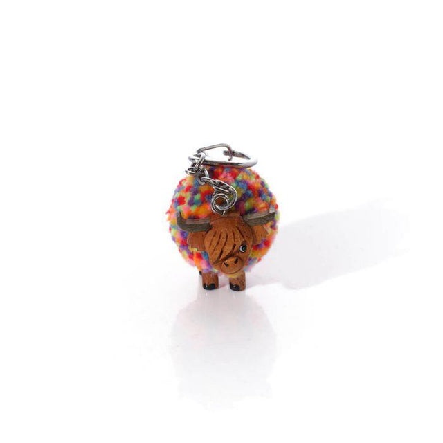 Pom Pom Highland Coo Rainbow Wooden Keyring