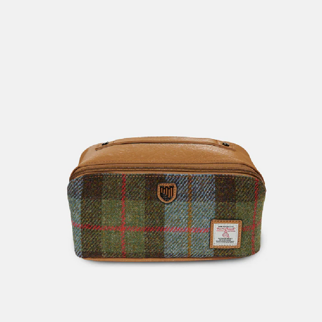 Chestnut and Blue Tartan Harris Tweed Toiletry Bag Front Facing
