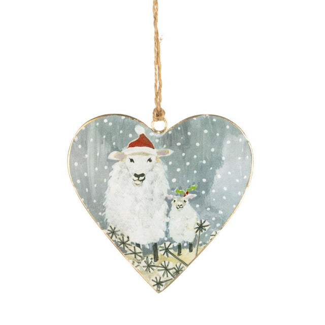 Festive Sheep and Lamb Heart Shaped Flat Metal Bauble Decoration