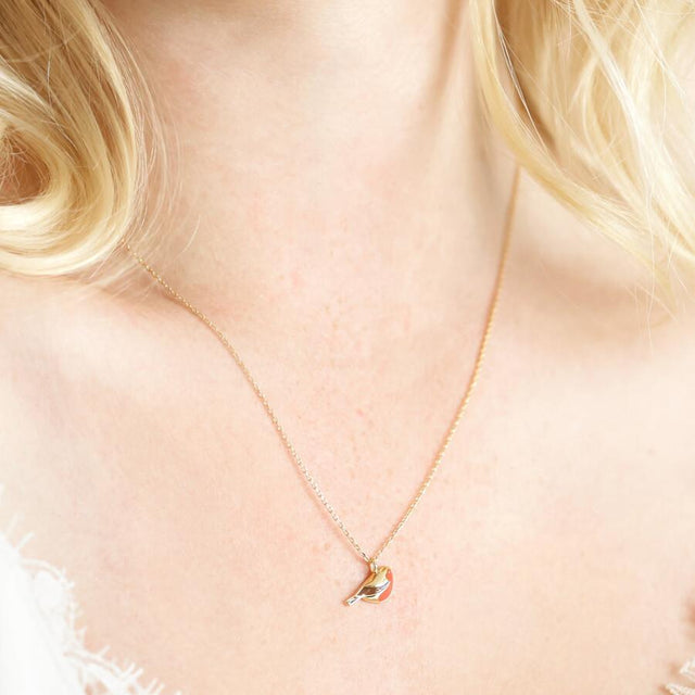 Enamel Robin Pendant Necklace in Gold on model
