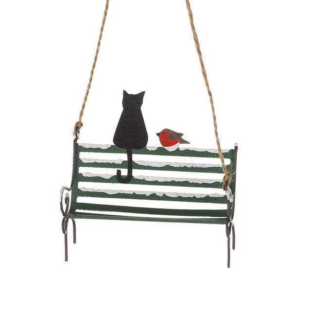 Shoeless Joe Black Cat and Robin on Park Bench Hanging Decoration