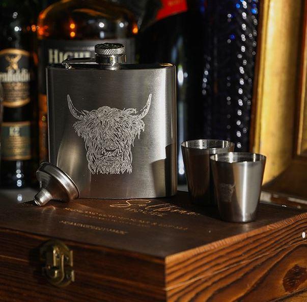 Highland Cow Hip Flask & Cup Set in Gift Box