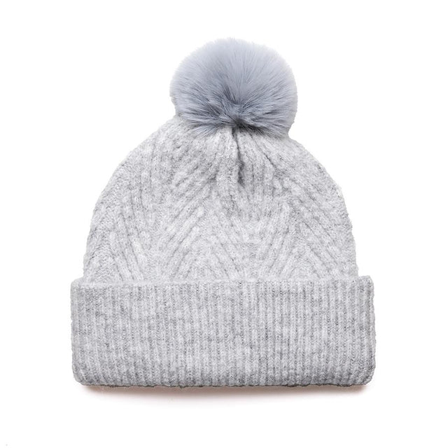 Grey Herringbone Knit Bobble Hat