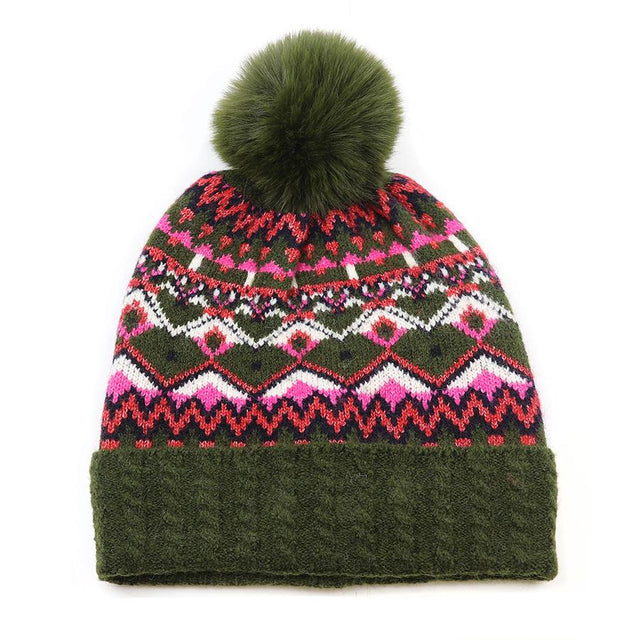 Deep Khaki and Pink Fairisle Pompom Hat