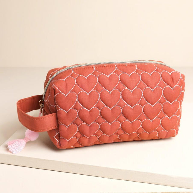 Rust Heart Embroidered Makeup Bag