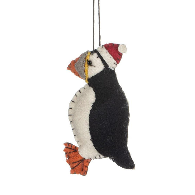 Fabric Puffin in Santa Hat Hanging Decoration