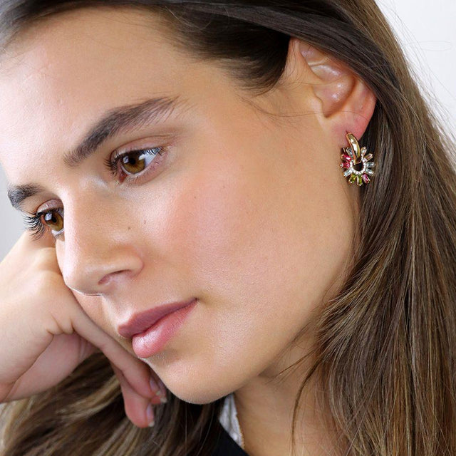 Pom Boutique Multicolour Crystal Flower Sleeper Earrings on Model