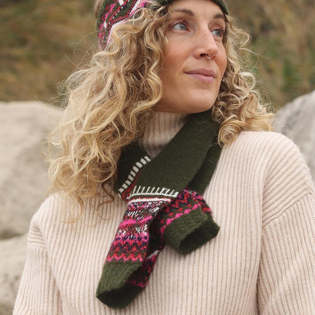 Deep Khaki and Pink Mix Fairisle Pull Through Scarf