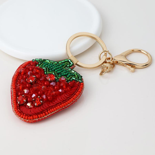 Strawberry Beaded Bag Charm Key Ring