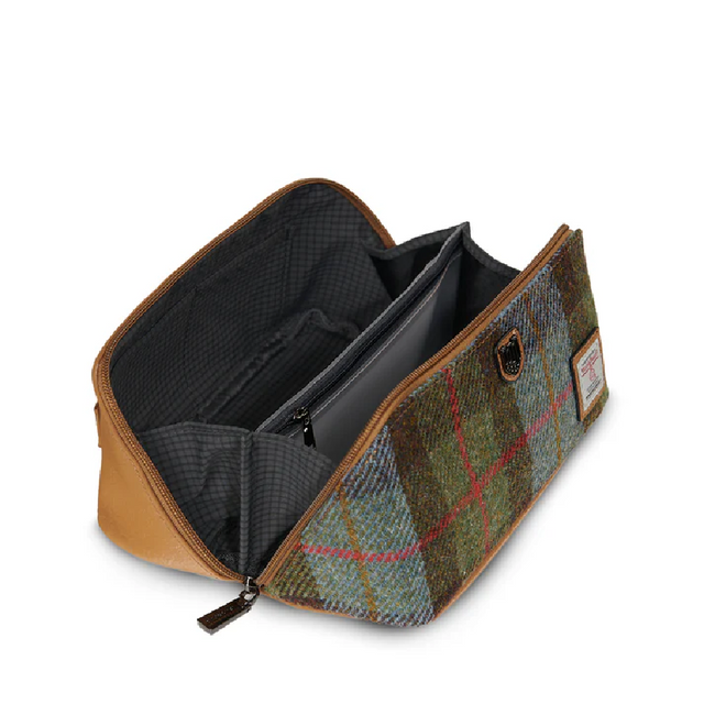 Chestnut and Blue Tartan Harris Tweed Toiletry Bag Open Top