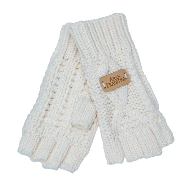 Cream White Aran Cabel Knit Fingerless Gloves