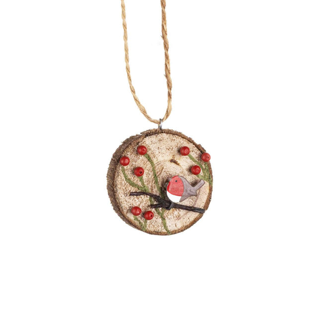 Robin and Berries On Log Mini Hanging Decoration