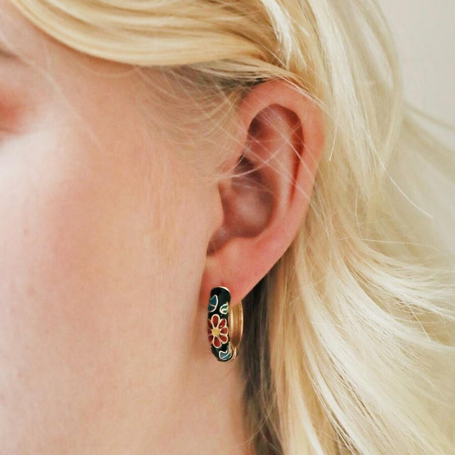 Black Cloisonne Hoop Earrings in Gold