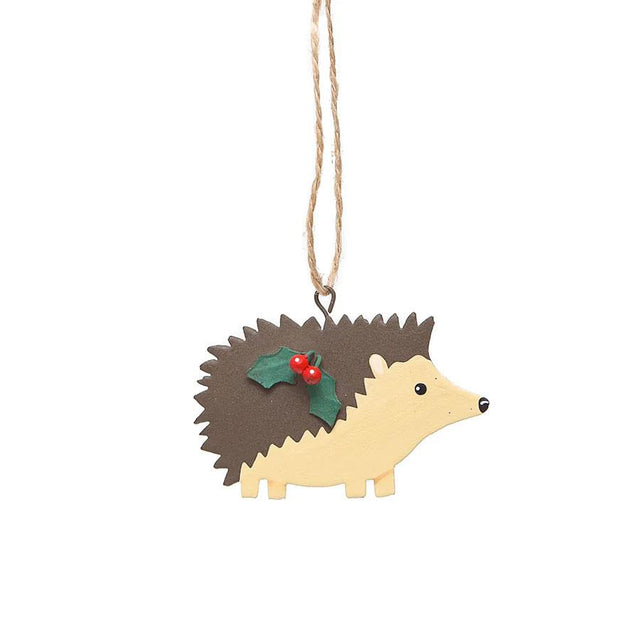 Shoeless Joe Hedgehog with Holly Metal Hanging Decoration