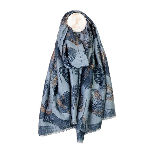 Blue Gingko and Gold Print Scarf
