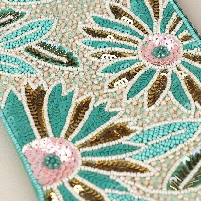 Pom Boutique Turquoise Floral Beaded Holiday Purse Close Up