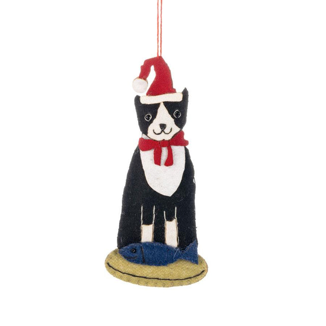 Felt Fabric Santa Cat and Fish on Dish Hanging Decoration