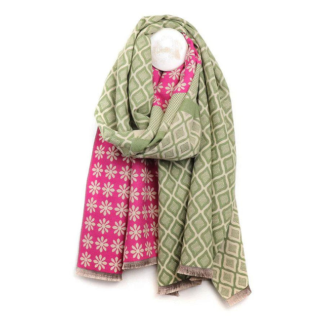 Pom Boutique Pink and Green Patch Tile Print Jacquard Scarf