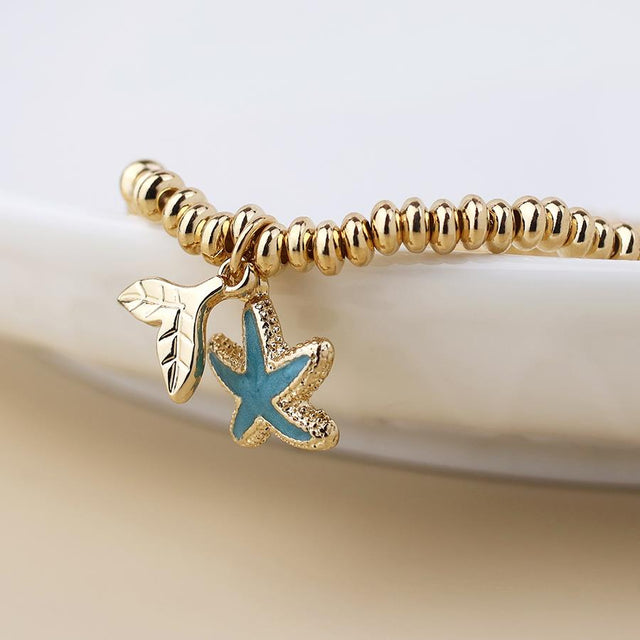 Faux Gold Bead Bracelet with Blue Enamel Starfish Charm
