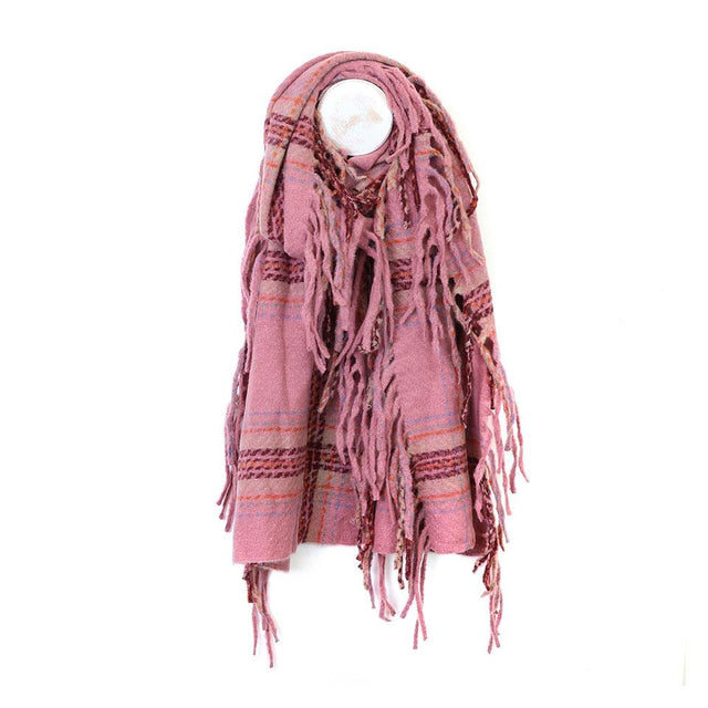 Rose Pink Fringe Edge Striped Check Scarf